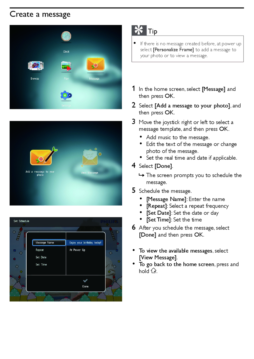 Philips SPF2527/93 quick start Create a message, Tip 