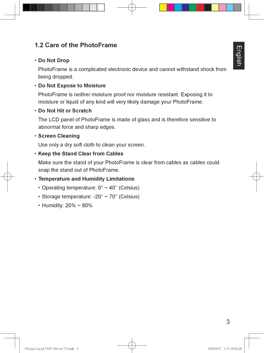 Philips SPF3007/G7, SPF3407/G7 user manual Care of the PhotoFrame 