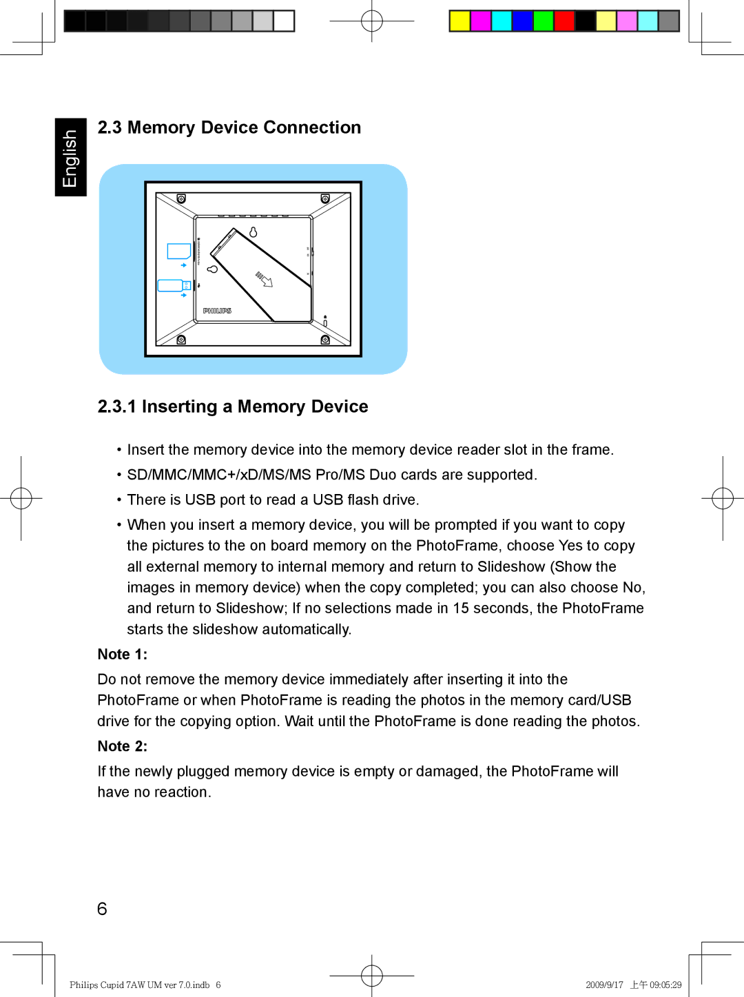 Philips SPF3407/G7, SPF3007/G7 user manual Memory Device Connection, Inserting a Memory Device 