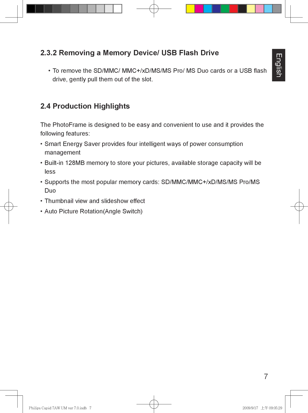 Philips SPF3007/G7, SPF3407/G7 user manual Removing a Memory Device/ USB Flash Drive, Production Highlights 