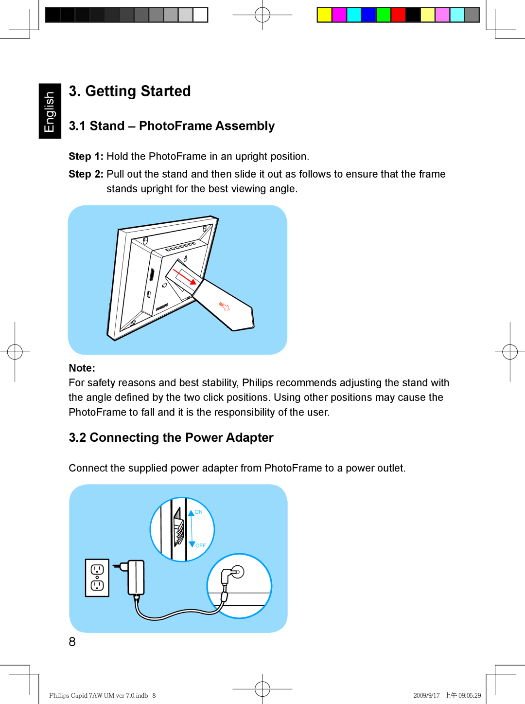 Philips SPF3407/G7, SPF3007/G7 user manual Getting Started, Stand PhotoFrame Assembly, Connecting the Power Adapter 