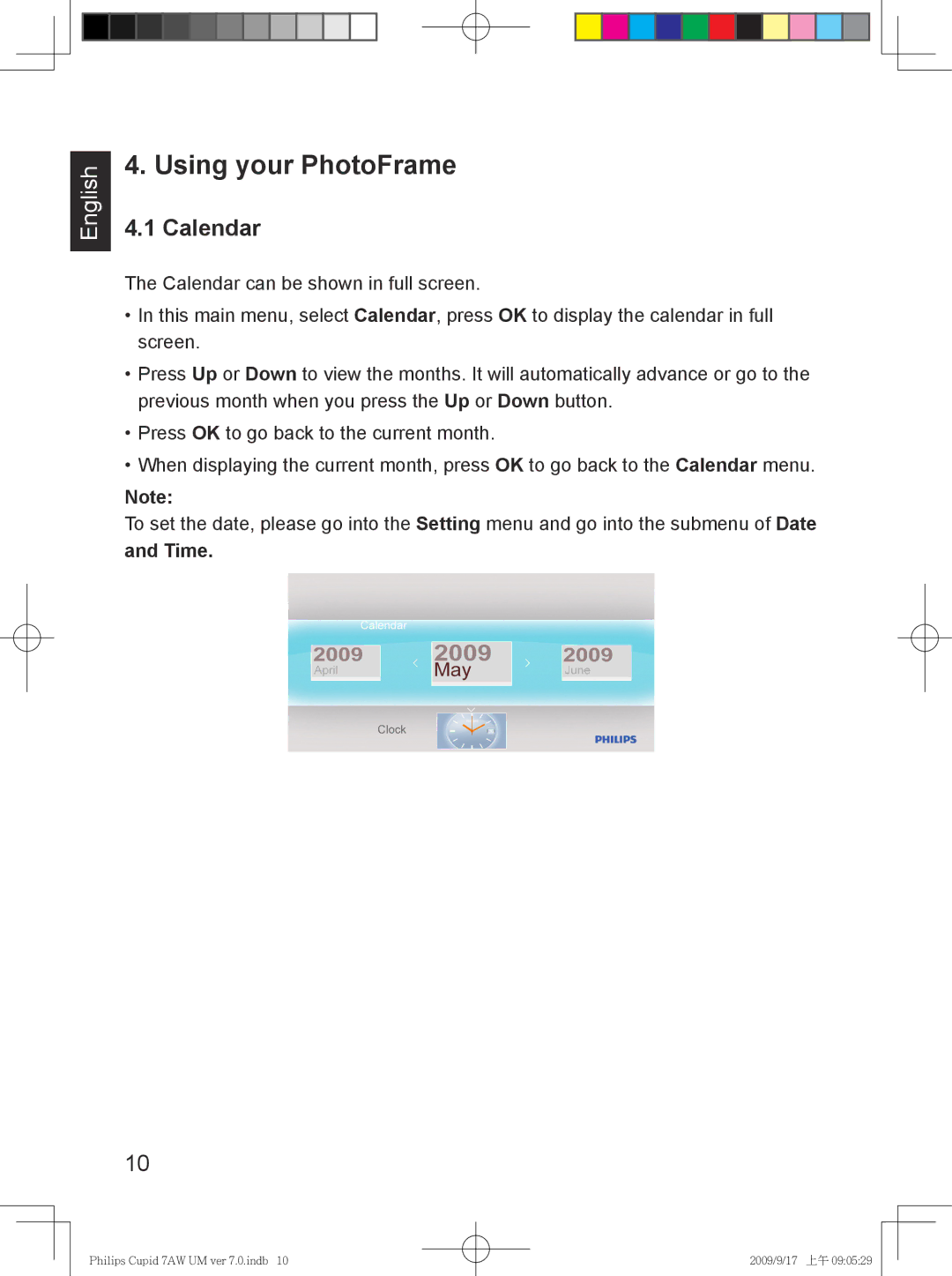 Philips SPF3407/G7, SPF3007/G7 user manual Using your PhotoFrame, Calendar 