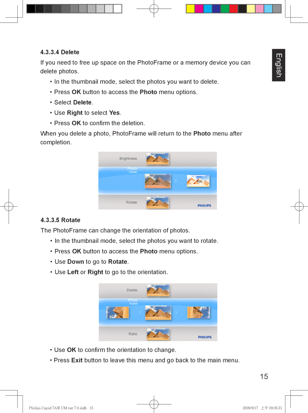 Philips SPF3007/G7, SPF3407/G7 user manual Delete, Rotate 