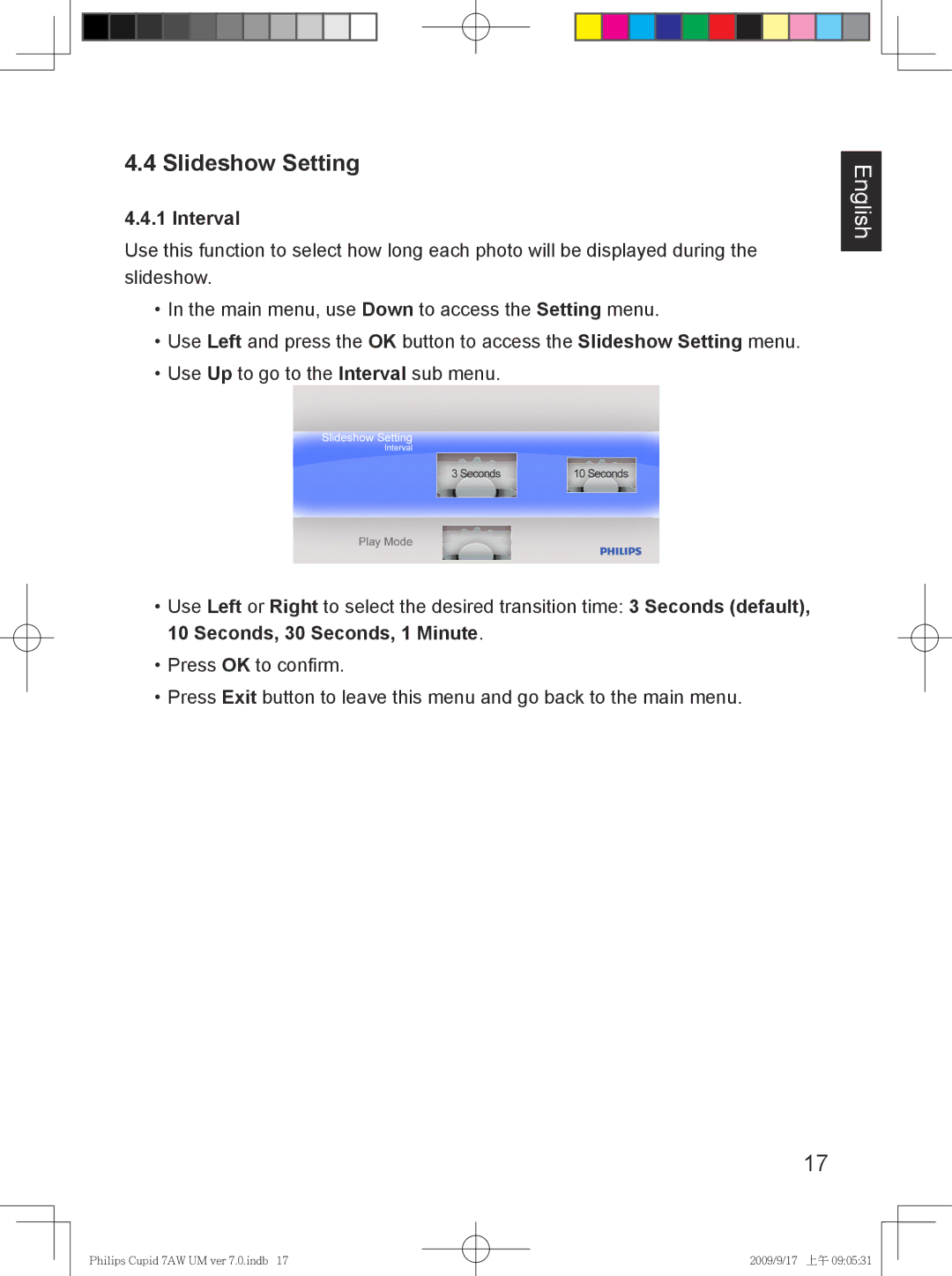 Philips SPF3007/G7, SPF3407/G7 user manual Slideshow Setting, Interval 