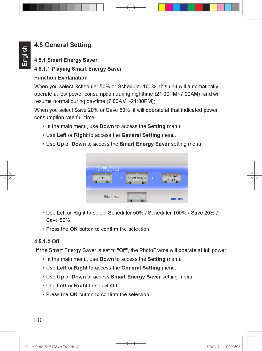 Philips SPF3407/G7, SPF3007/G7 user manual Use Left or Right to access the General Setting menu, 1.2 Off 