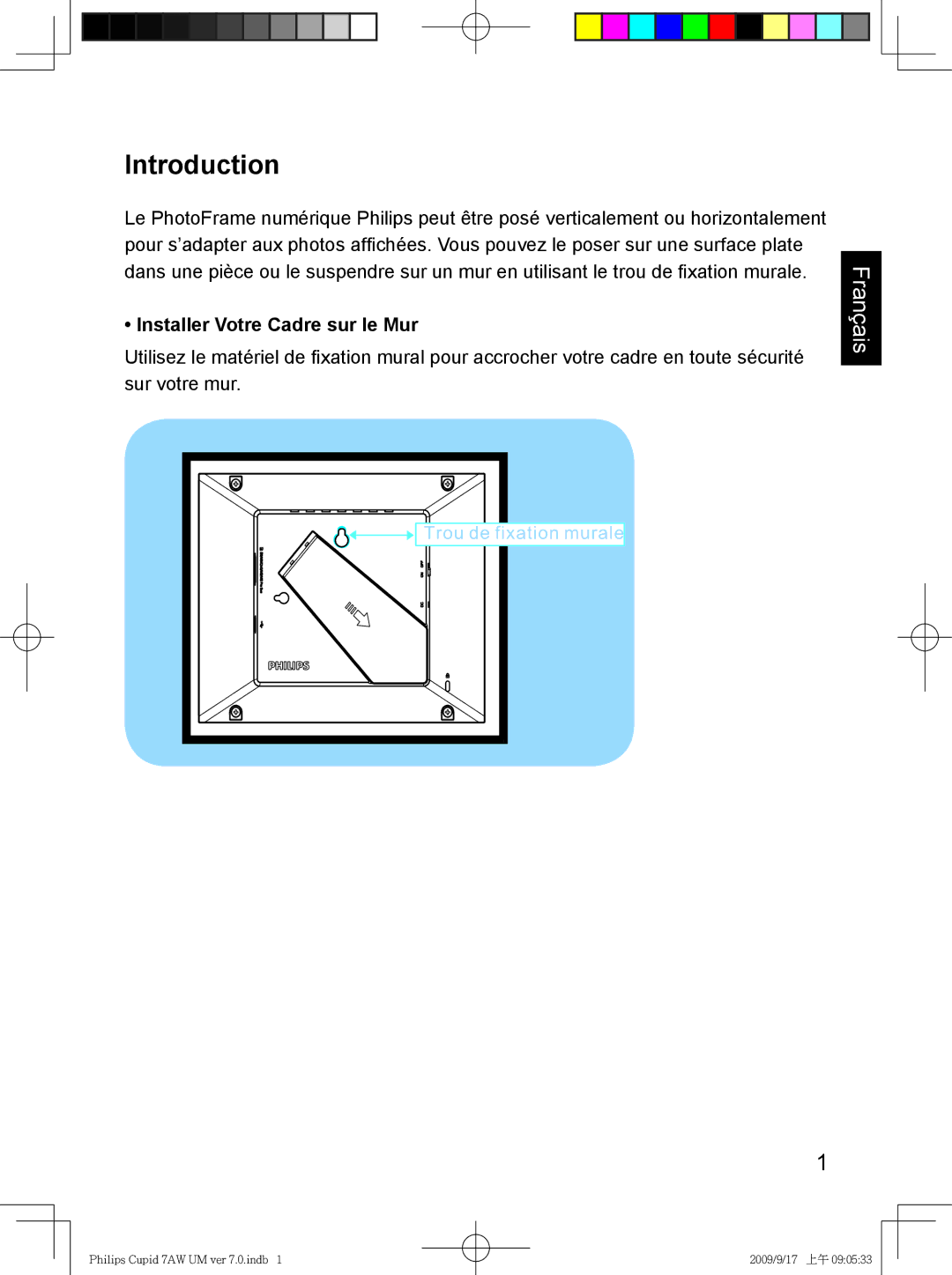 Philips SPF3007/G7, SPF3407/G7 user manual Introduction, Installer Votre Cadre sur le Mur 