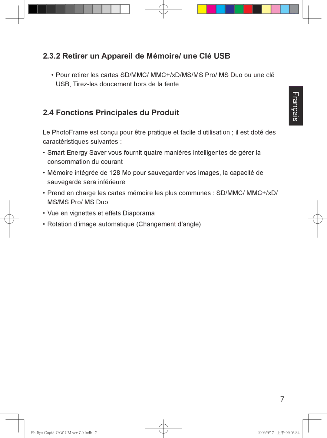 Philips SPF3007/G7, SPF3407/G7 user manual Retirer un Appareil de Mémoire/ une Clé USB, Fonctions Principales du Produit 