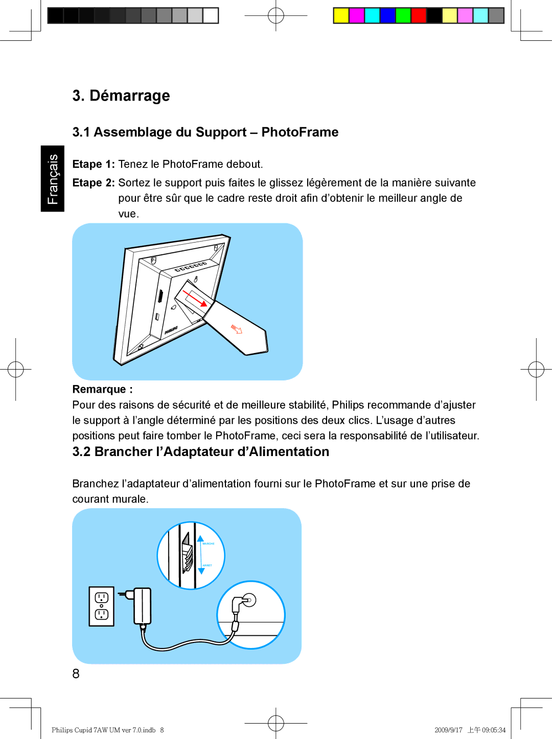 Philips SPF3407/G7, SPF3007/G7 user manual Démarrage, Assemblage du Support PhotoFrame, Brancher l’Adaptateur d’Alimentation 