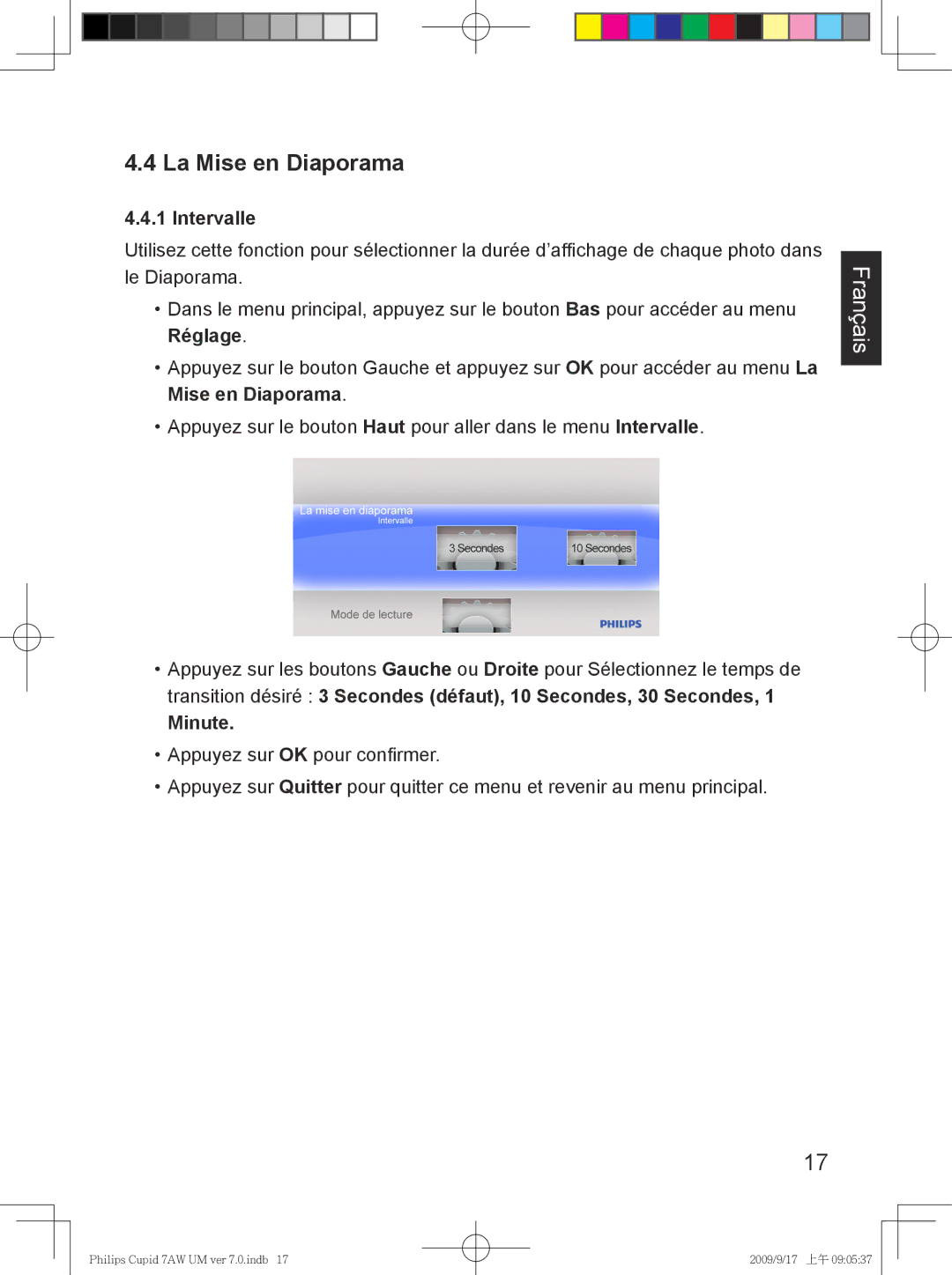 Philips SPF3007/G7, SPF3407/G7 user manual La Mise en Diaporama, Intervalle, Réglage, Minute 