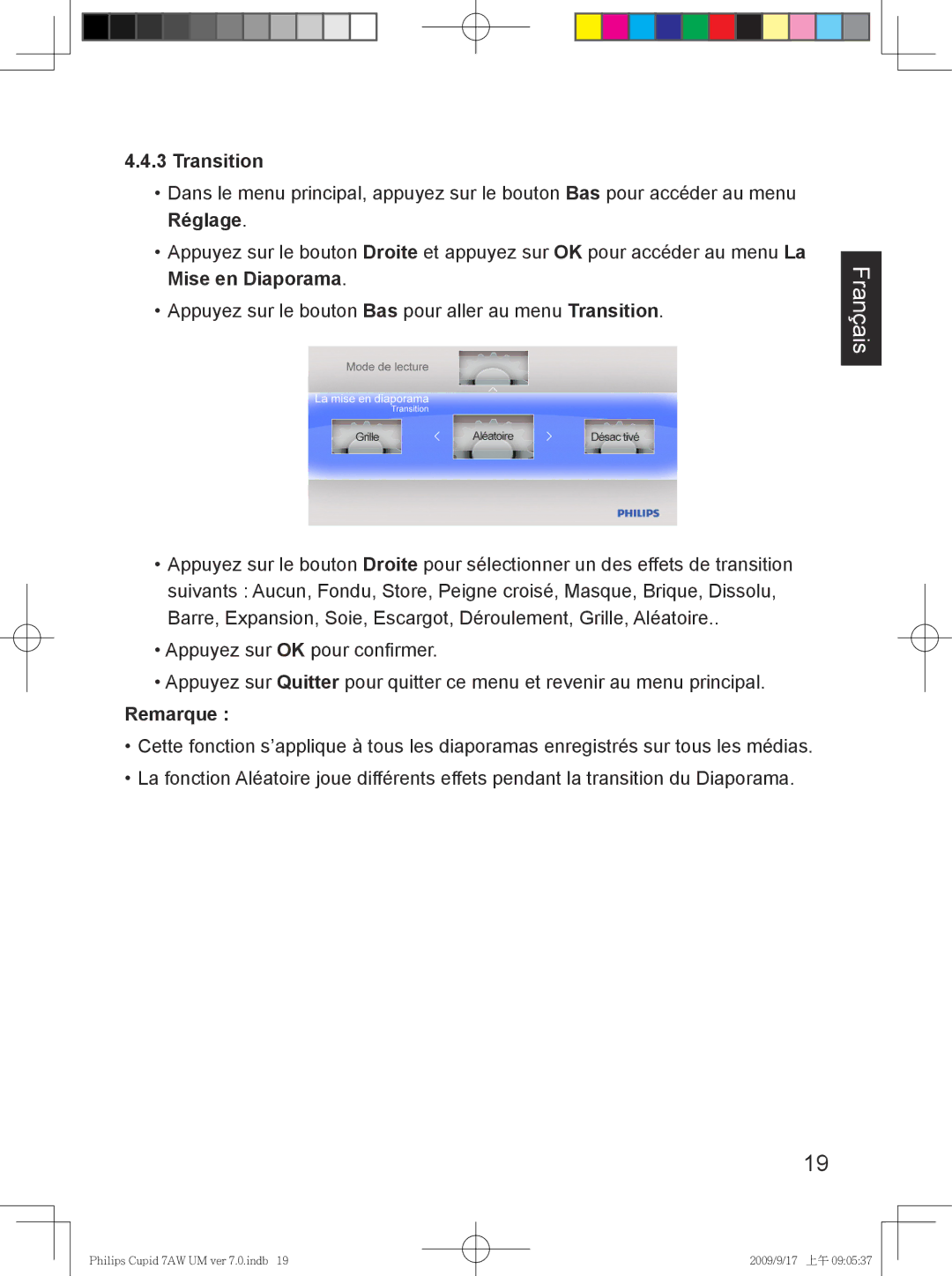 Philips SPF3007/G7, SPF3407/G7 user manual Transition, Remarque 