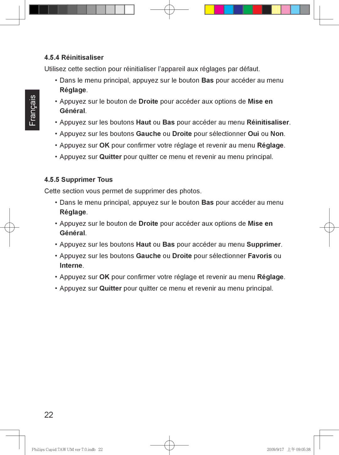 Philips SPF3407/G7, SPF3007/G7 user manual 4 Réinitisaliser, Supprimer Tous 