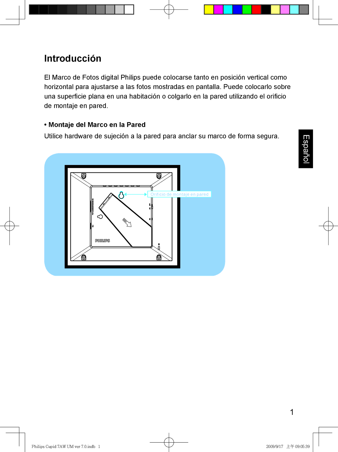 Philips SPF3007/G7, SPF3407/G7 user manual Introducción, Montaje del Marco en la Pared 