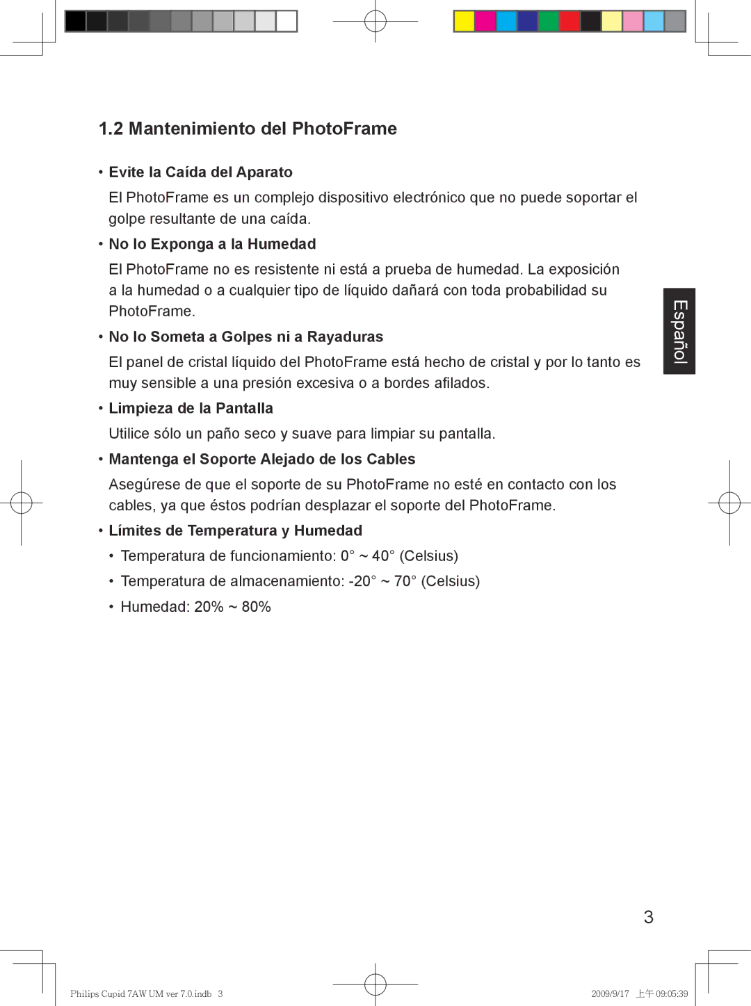 Philips SPF3007/G7, SPF3407/G7 user manual Mantenimiento del PhotoFrame 