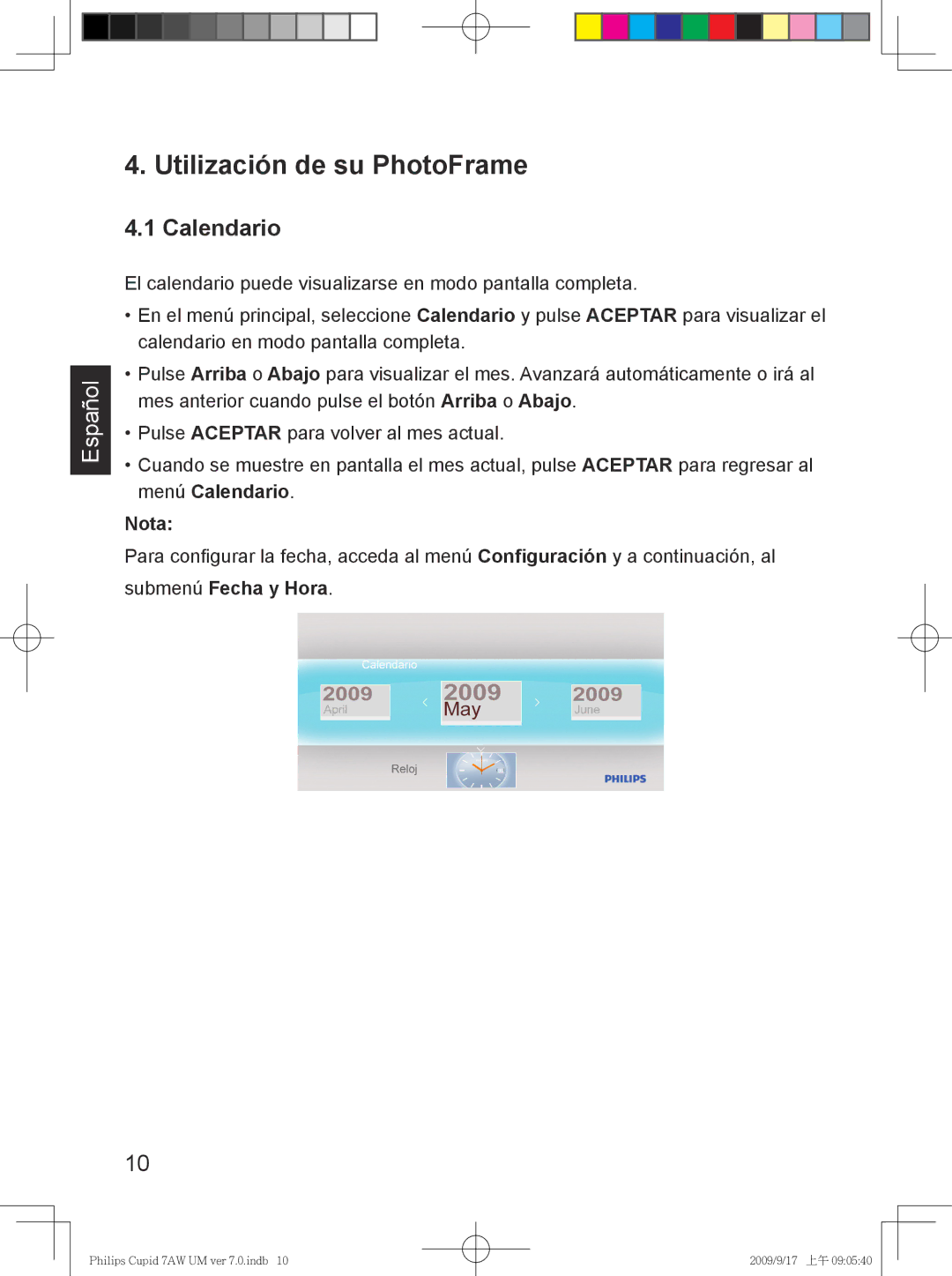 Philips SPF3407/G7, SPF3007/G7 user manual Utilización de su PhotoFrame, Calendario 