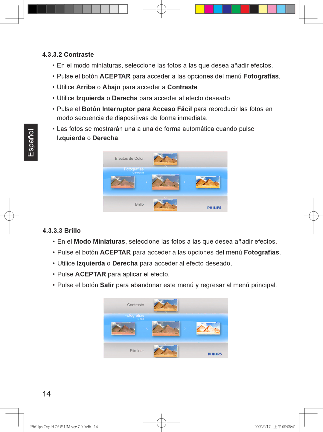 Philips SPF3407/G7, SPF3007/G7 user manual Contraste, Izquierda o Derecha Brillo 