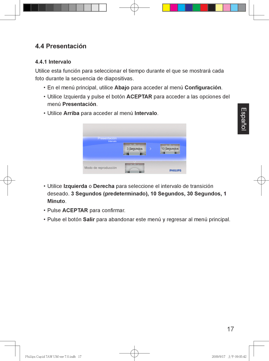 Philips SPF3007/G7, SPF3407/G7 user manual Presentación, Intervalo, Minuto 