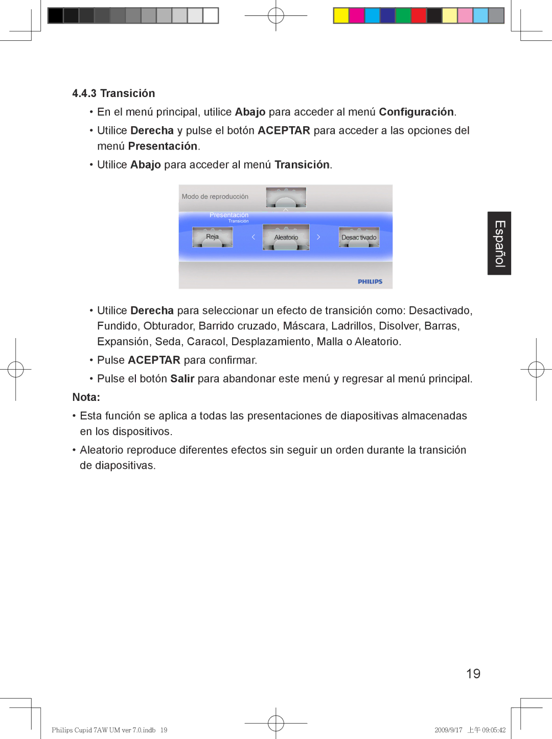 Philips SPF3007/G7, SPF3407/G7 user manual Transición, Nota 