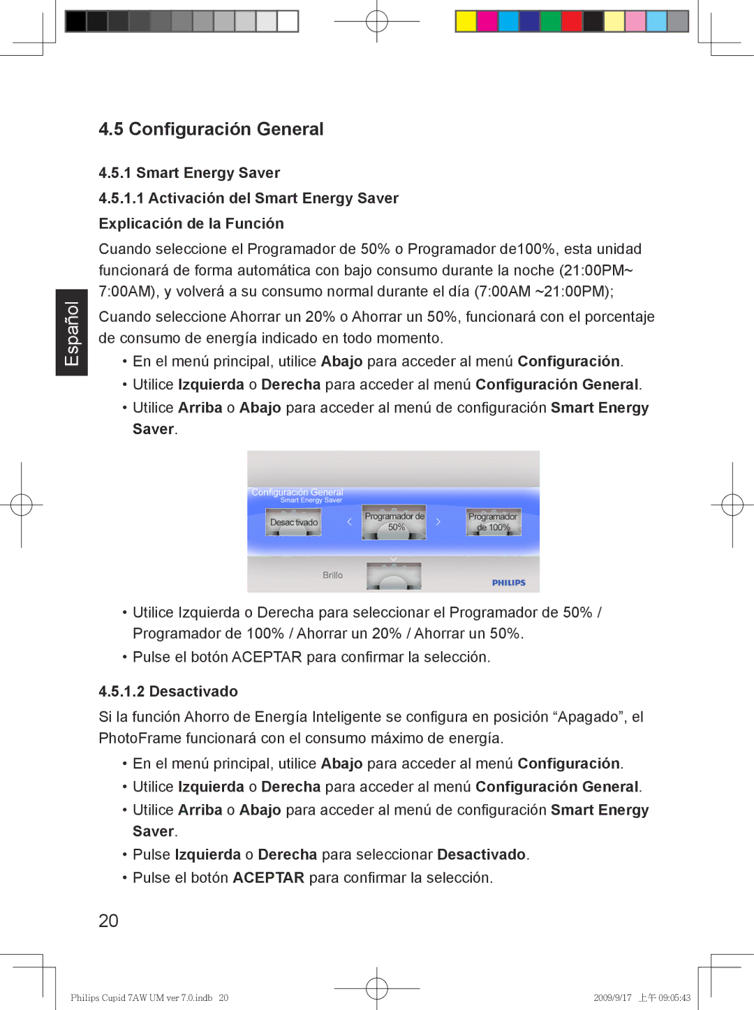 Philips SPF3407/G7, SPF3007/G7 user manual Configuración General, Saver, Desactivado 