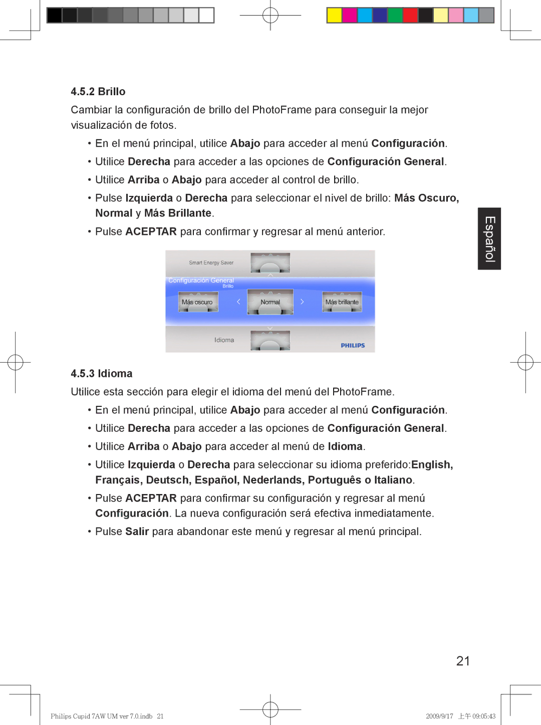 Philips SPF3007/G7, SPF3407/G7 user manual Brillo, Idioma 