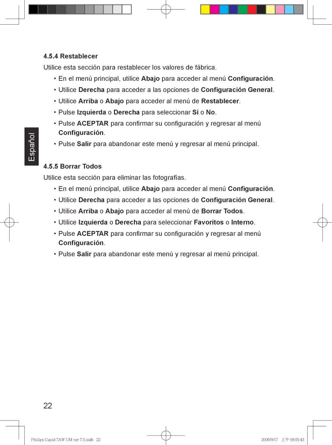 Philips SPF3407/G7, SPF3007/G7 user manual Restablecer, Borrar Todos 