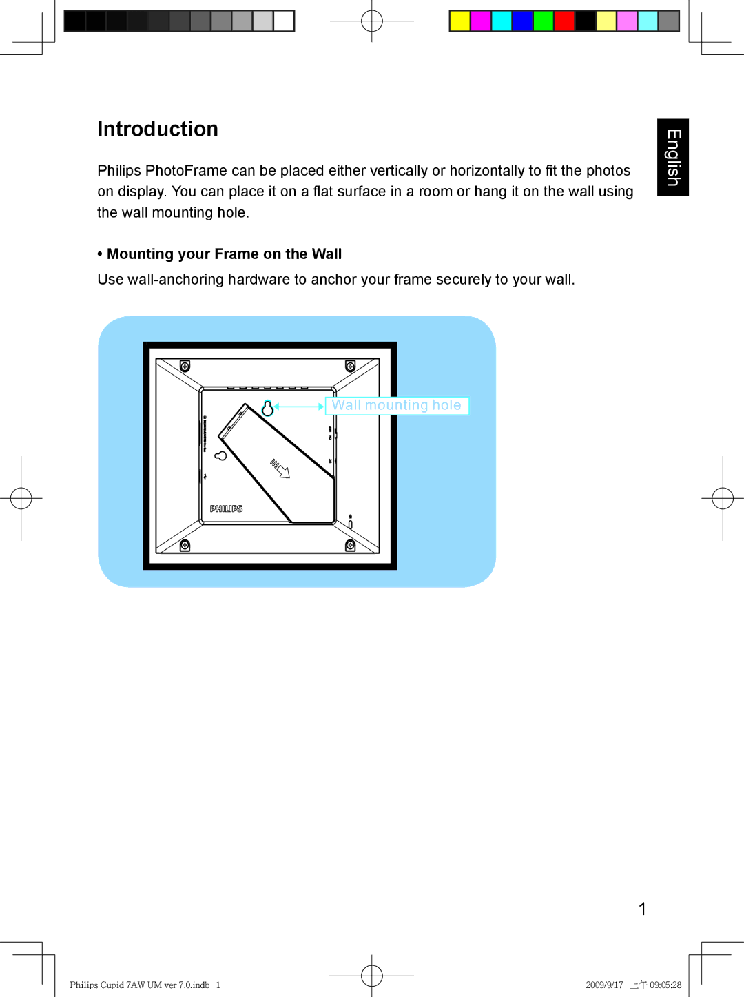 Philips SPF3007/G7, SPF3407/G7 user manual Introduction, Mounting your Frame on the Wall 