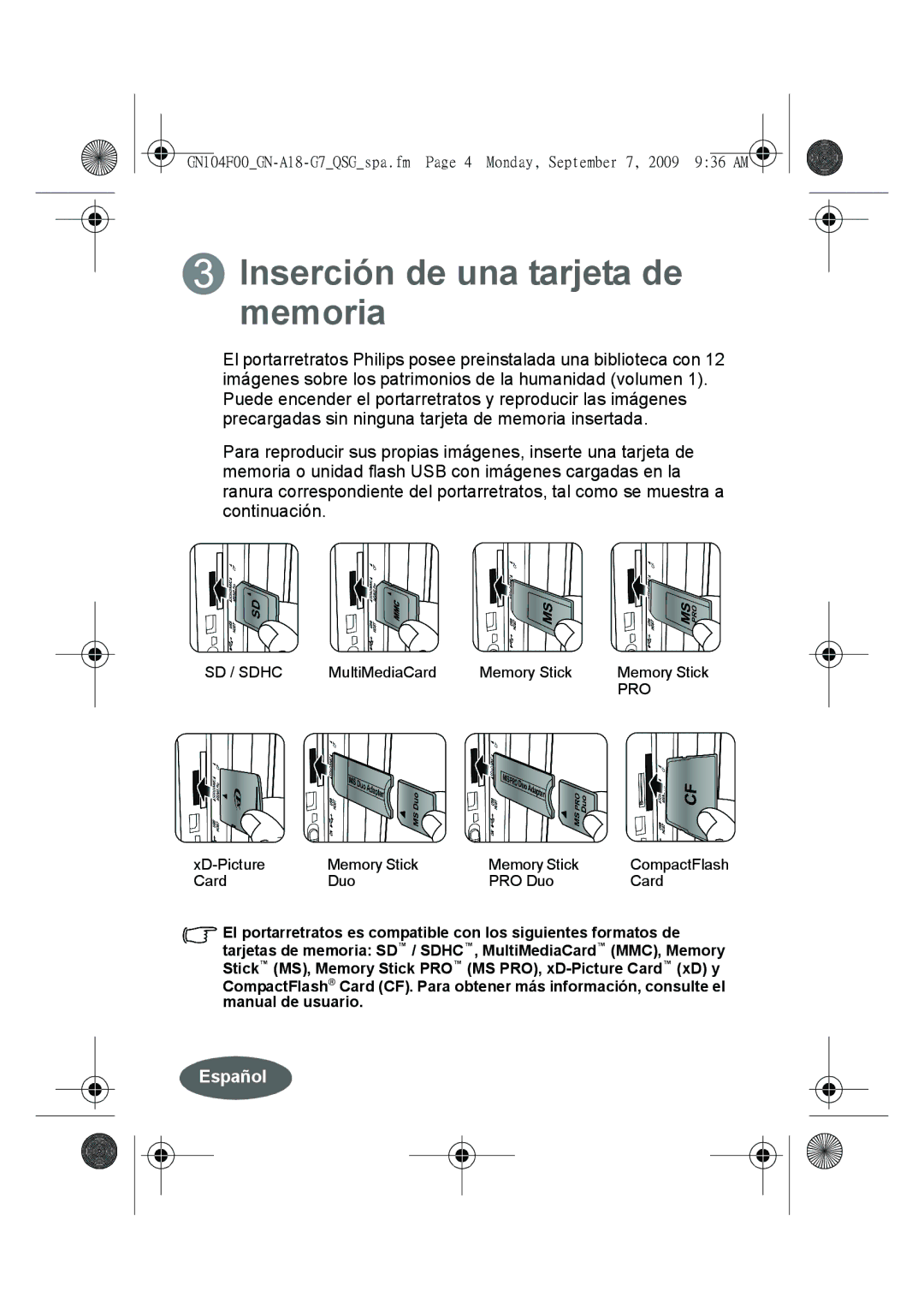 Philips SPF3410/G7 quick start Inserción de una tarjeta de memoria 