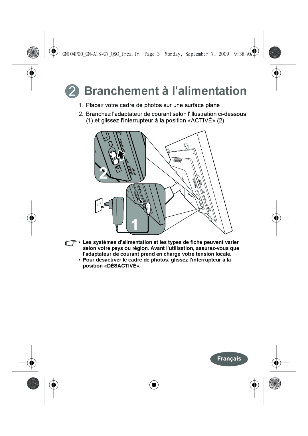 Philips SPF3410/G7 quick start Branchement à lalimentation 