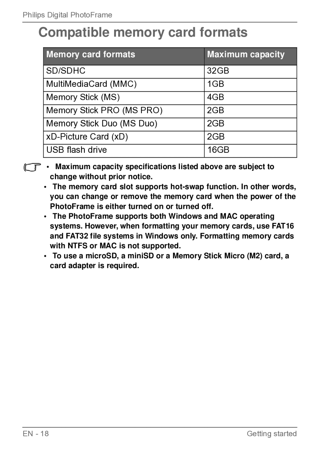 Philips SPF3400C/G7, SPF3470/G7, SPF3480/G7, SPF3400/G7 Compatible memory card formats, Memory card formats Maximum capacity 