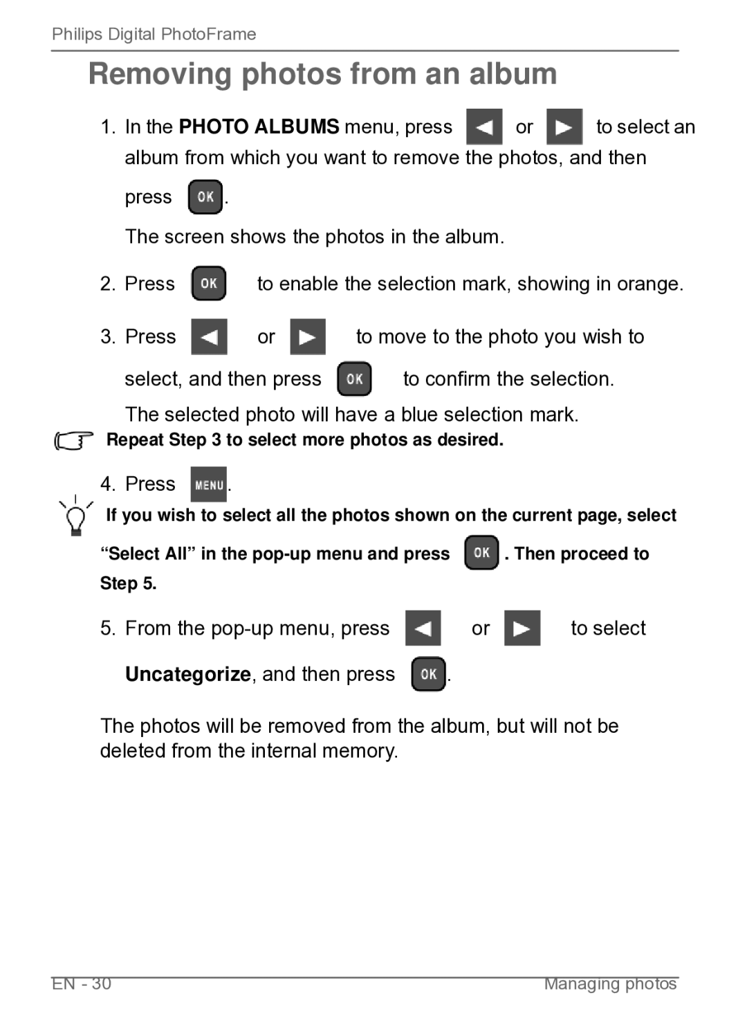 Philips SPF3480/G7, SPF3470/G7, SPF3480X/G7, SPF3400C/G7, SPF3400/G7, SPF3470X/G7 user manual Removing photos from an album 