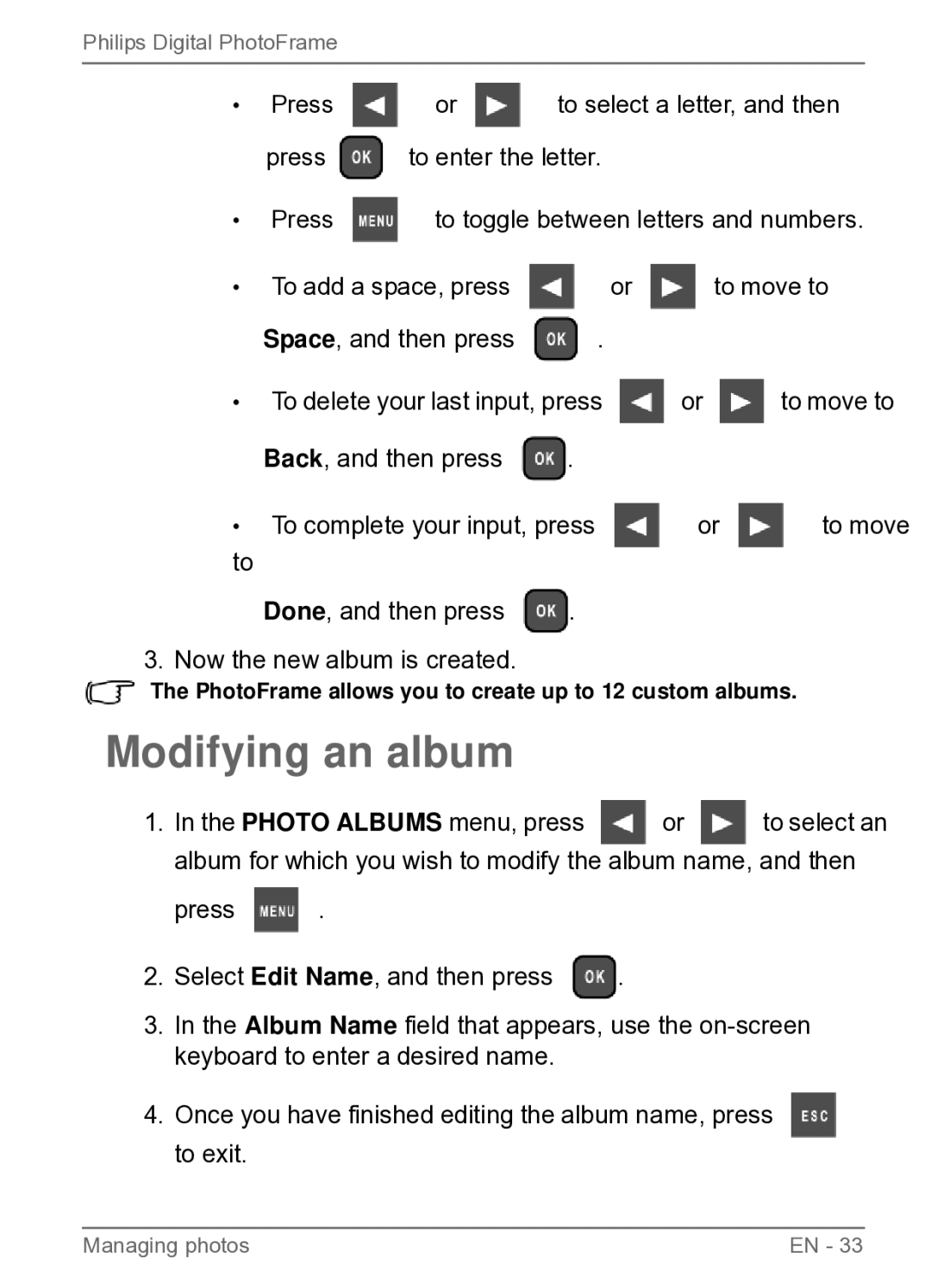 Philips SPF3400/G7, SPF3470/G7, SPF3480/G7, SPF3480X/G7, SPF3400C/G7, SPF3470X/G7 user manual Modifying an album 