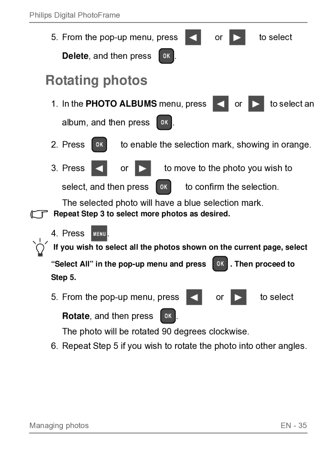 Philips SPF3470/G7, SPF3480/G7, SPF3480X/G7, SPF3400C/G7, SPF3400/G7, SPF3470X/G7 user manual Rotating photos 