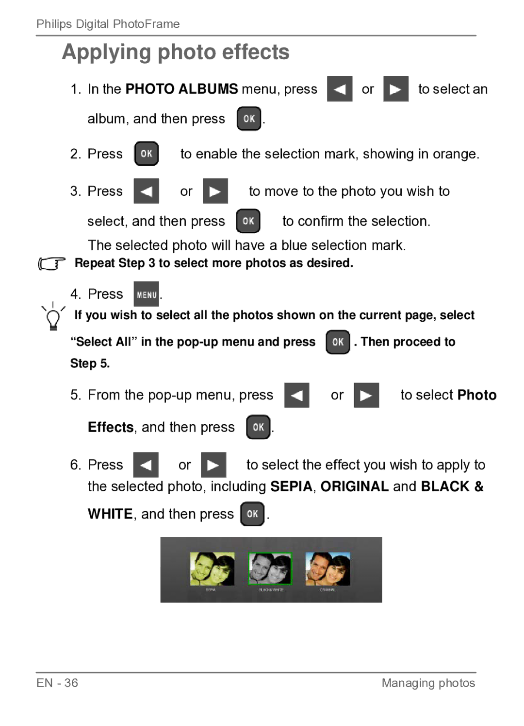 Philips SPF3470/G7, SPF3480/G7, SPF3480X/G7, SPF3400C/G7, SPF3400/G7, SPF3470X/G7 user manual Applying photo effects 