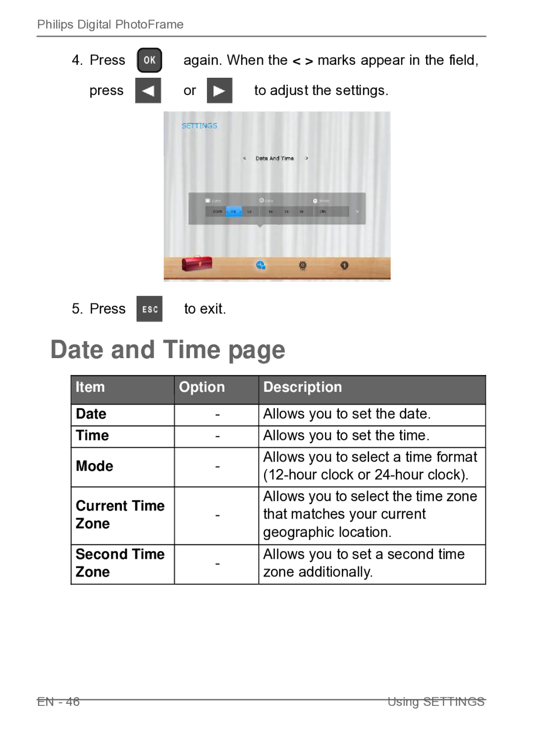 Philips SPF3400C/G7, SPF3470/G7, SPF3480/G7, SPF3480X/G7, SPF3400/G7, SPF3470X/G7 user manual Date and Time 