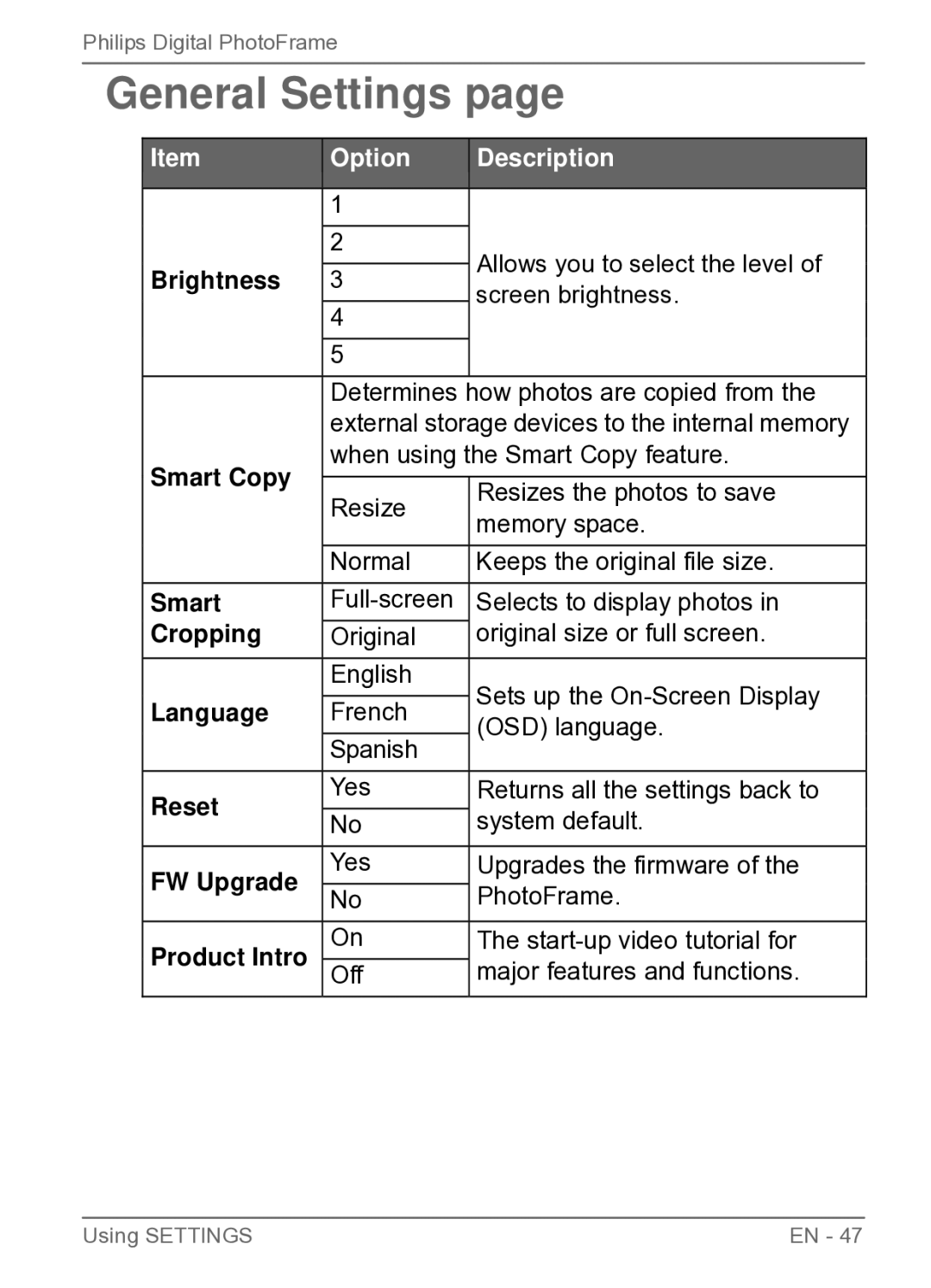 Philips SPF3400/G7, SPF3470/G7, SPF3480/G7, SPF3480X/G7, SPF3400C/G7, SPF3470X/G7 user manual General Settings 