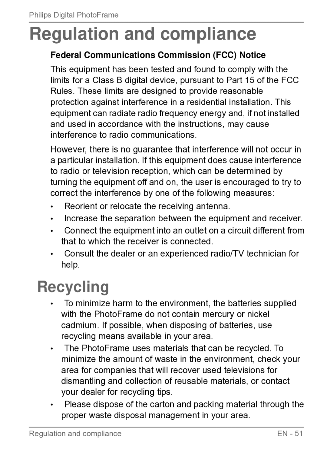 Philips SPF3480/G7, SPF3470/G7, SPF3400C Regulation and compliance, Recycling, Federal Communications Commission FCC Notice 