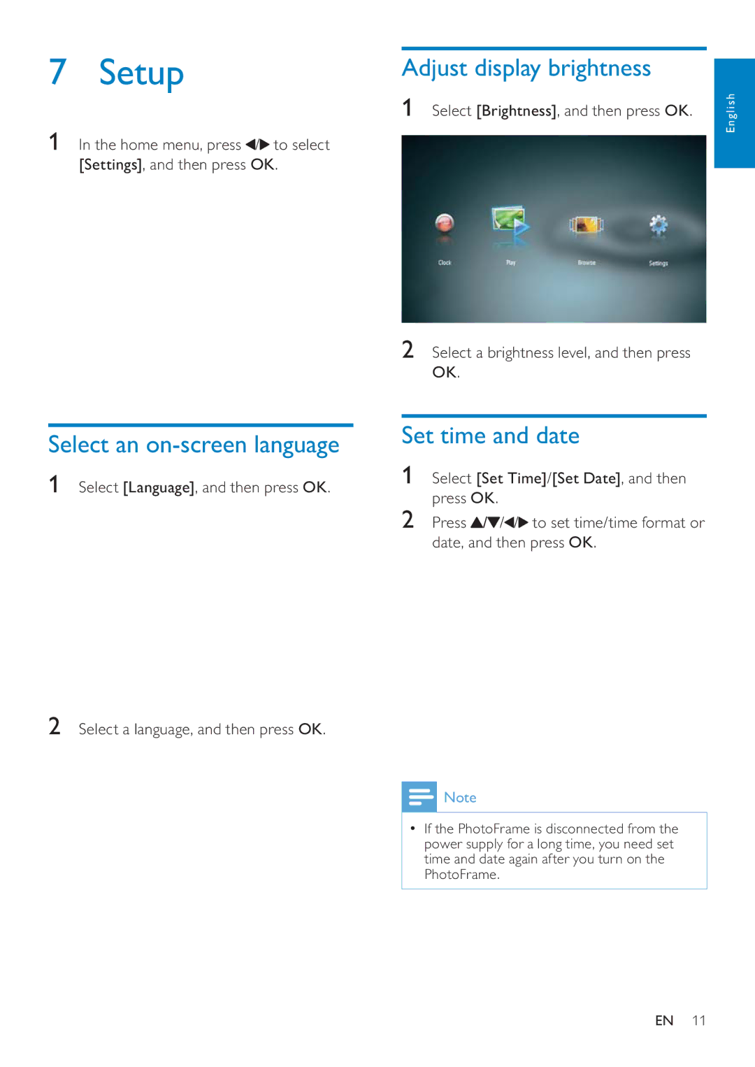 Philips SPF4610 user manual Setup, Adjust display brightness, Select an on-screen language, Set time and date 