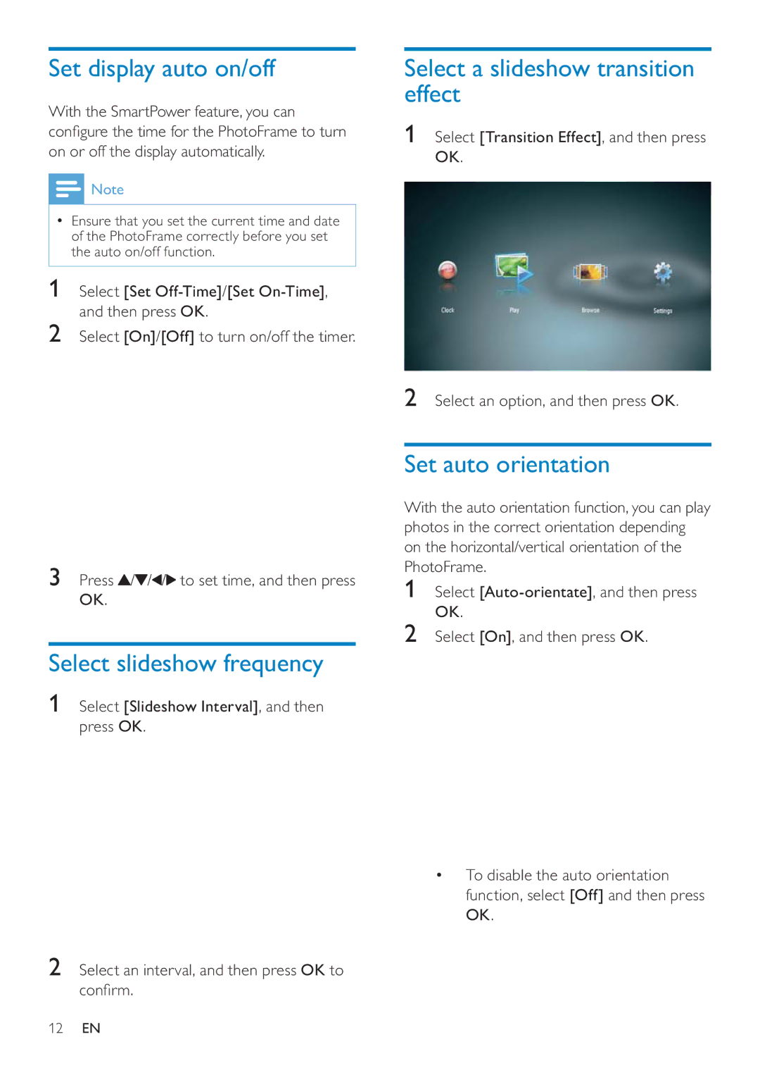 Philips SPF4610 user manual Set display auto on/off, Select slideshow frequency, Select a slideshow transition effect 