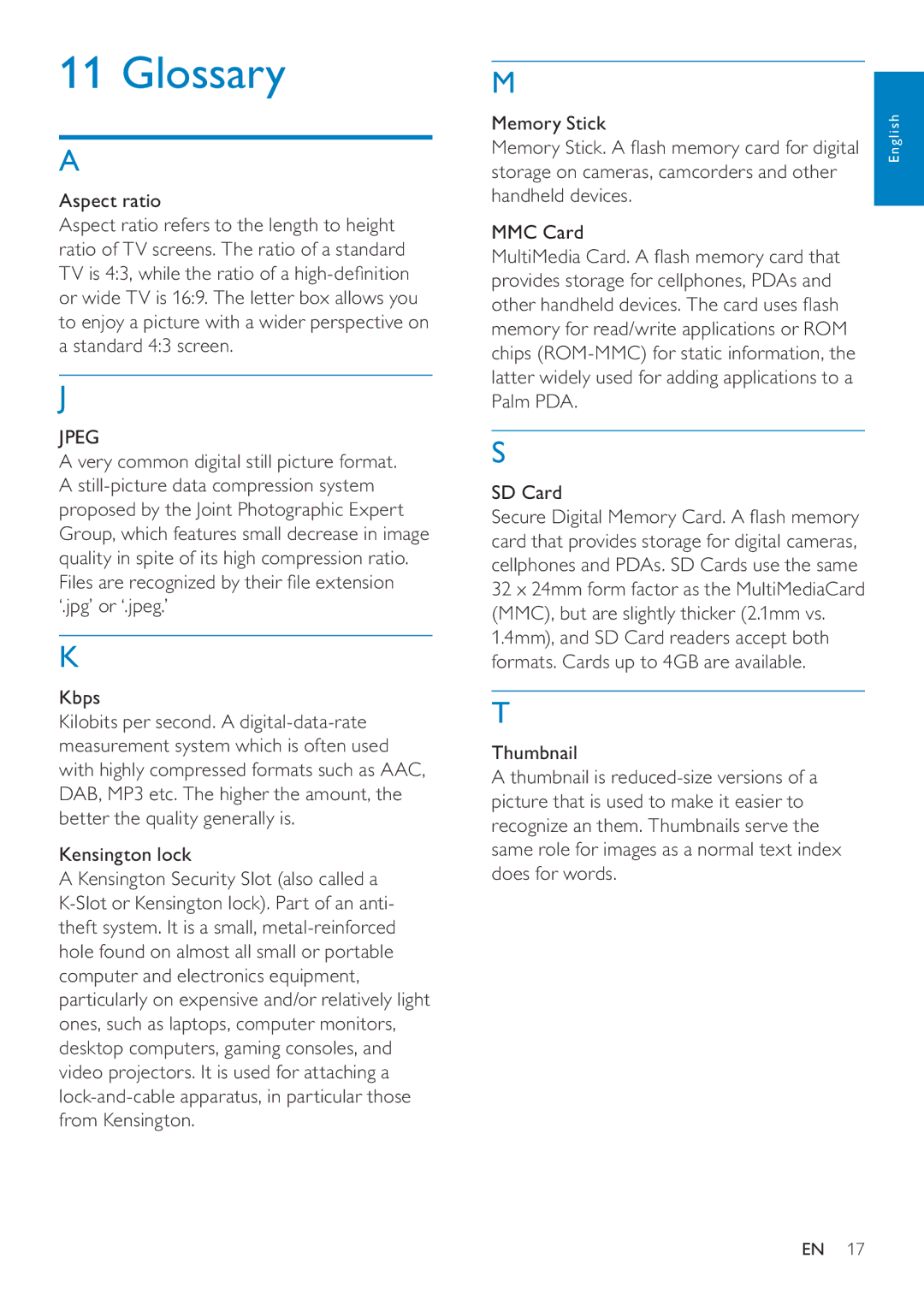 Philips SPF4610 user manual Glossary, Very common digital still picture format, Kbps, SD Card, Thumbnail 