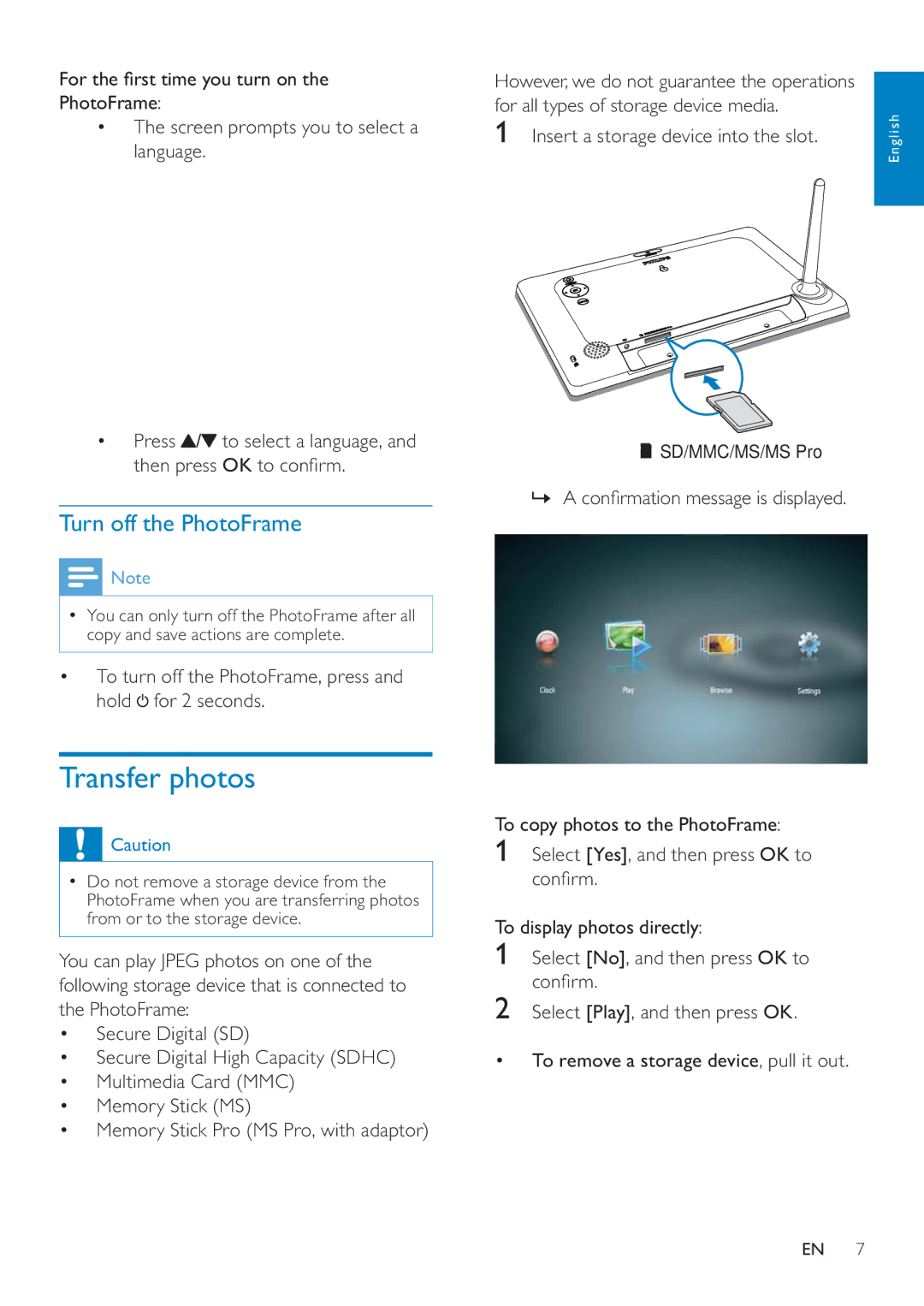 Philips SPF4610 user manual Transfer photos, To turn off the PhotoFrame, press and hold for 2 seconds 