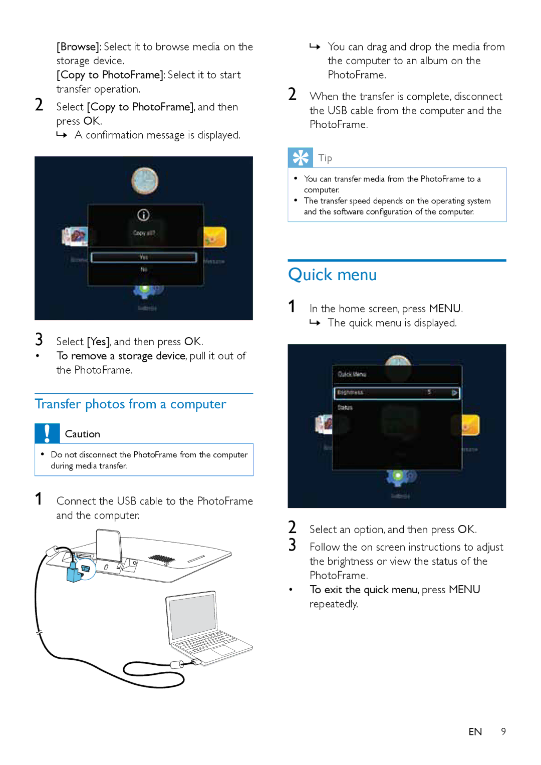 Philips SPF4608, SPF4628 user manual Quick menu, Transfer photos from a computer 