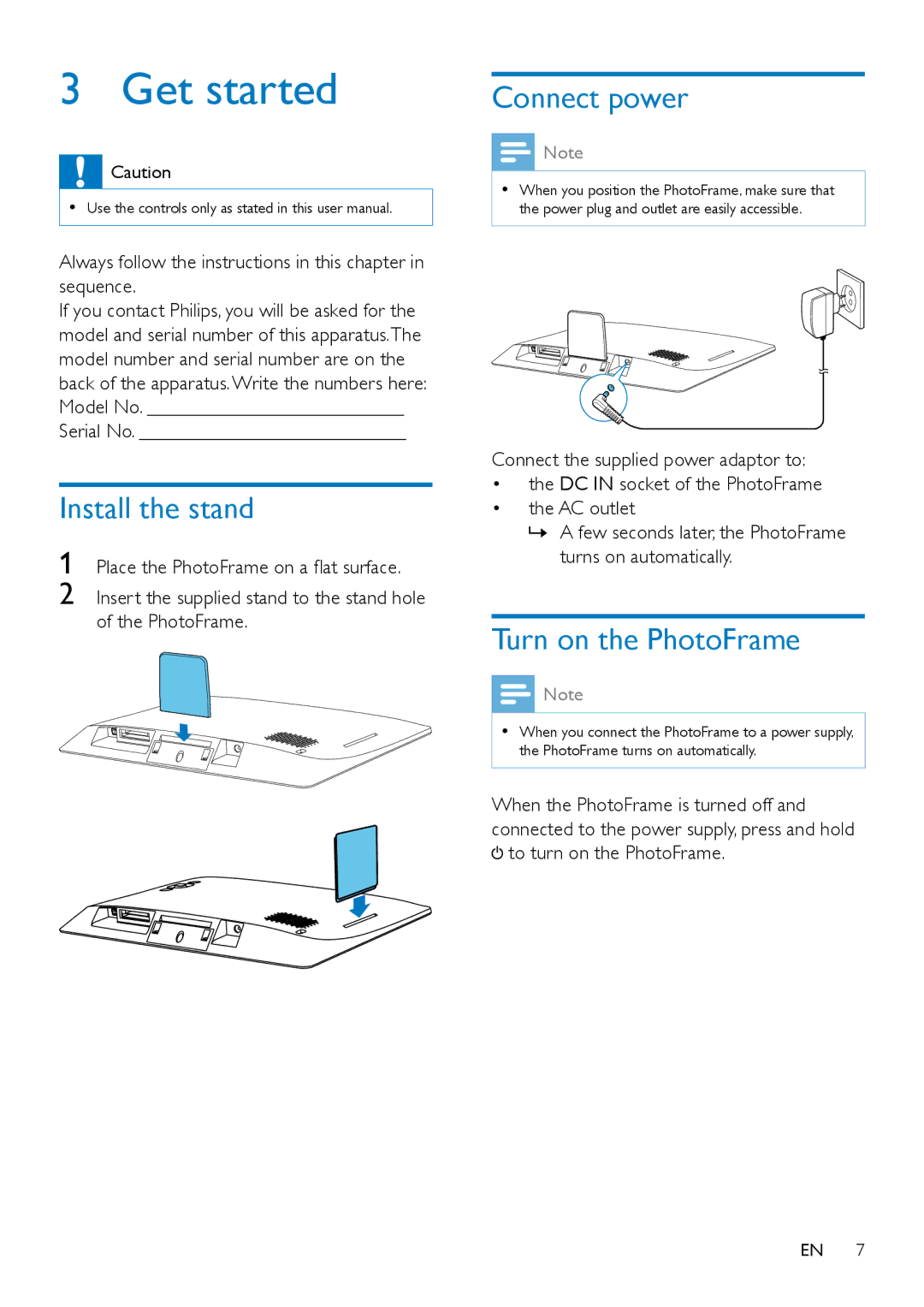 Philips SPF4608, SPF4628 user manual Get started, Install the stand, Connect power, Turn on the PhotoFrame 