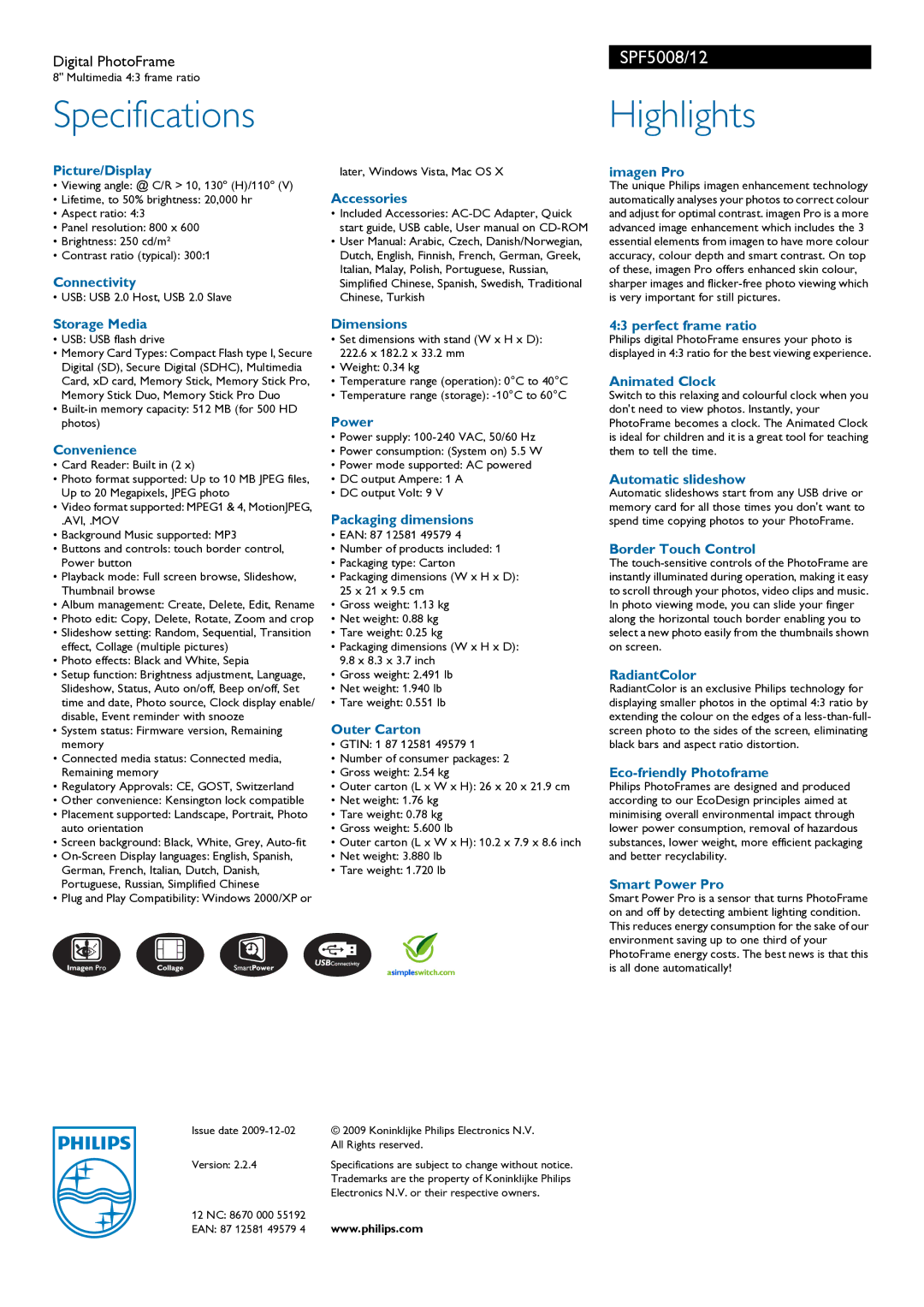 Philips SPF5008/12 Picture/Display, Connectivity, Storage Media, Convenience, Accessories Dimensions, Power, Outer Carton 