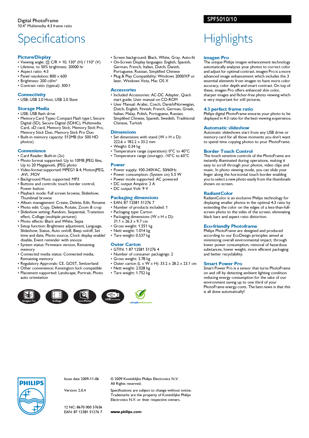 Philips SPF5010/10 Picture/Display, Connectivity, Storage Media, Convenience, Accessories Dimensions, Power, Outer Carton 