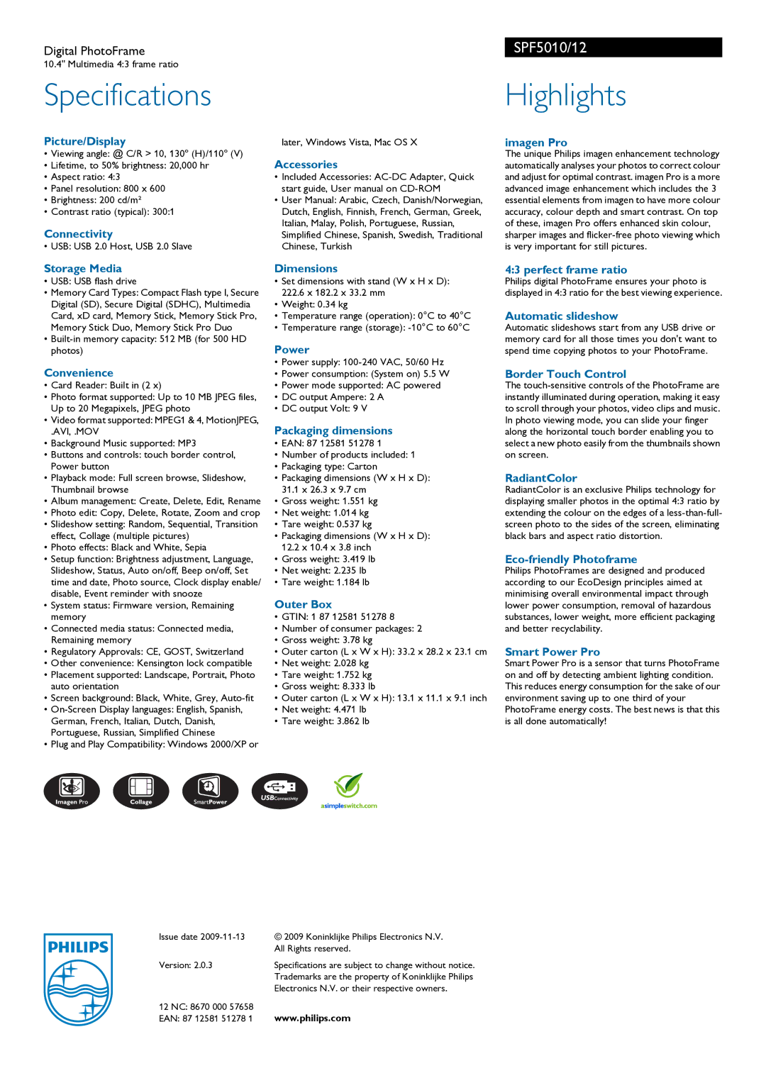 Philips SPF5010/12 Picture/Display, Connectivity, Storage Media, Convenience, Accessories Dimensions, Power, Outer Box 