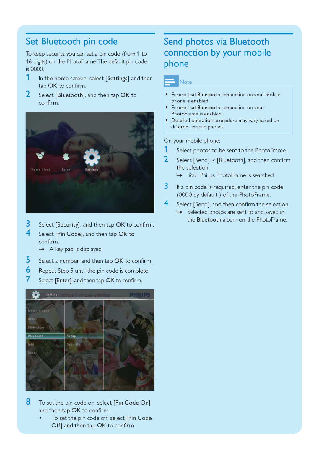 Philips SPF5010/75 quick start Set Bluetooth pin code, Send photos via Bluetooth connection by your mobile phone 