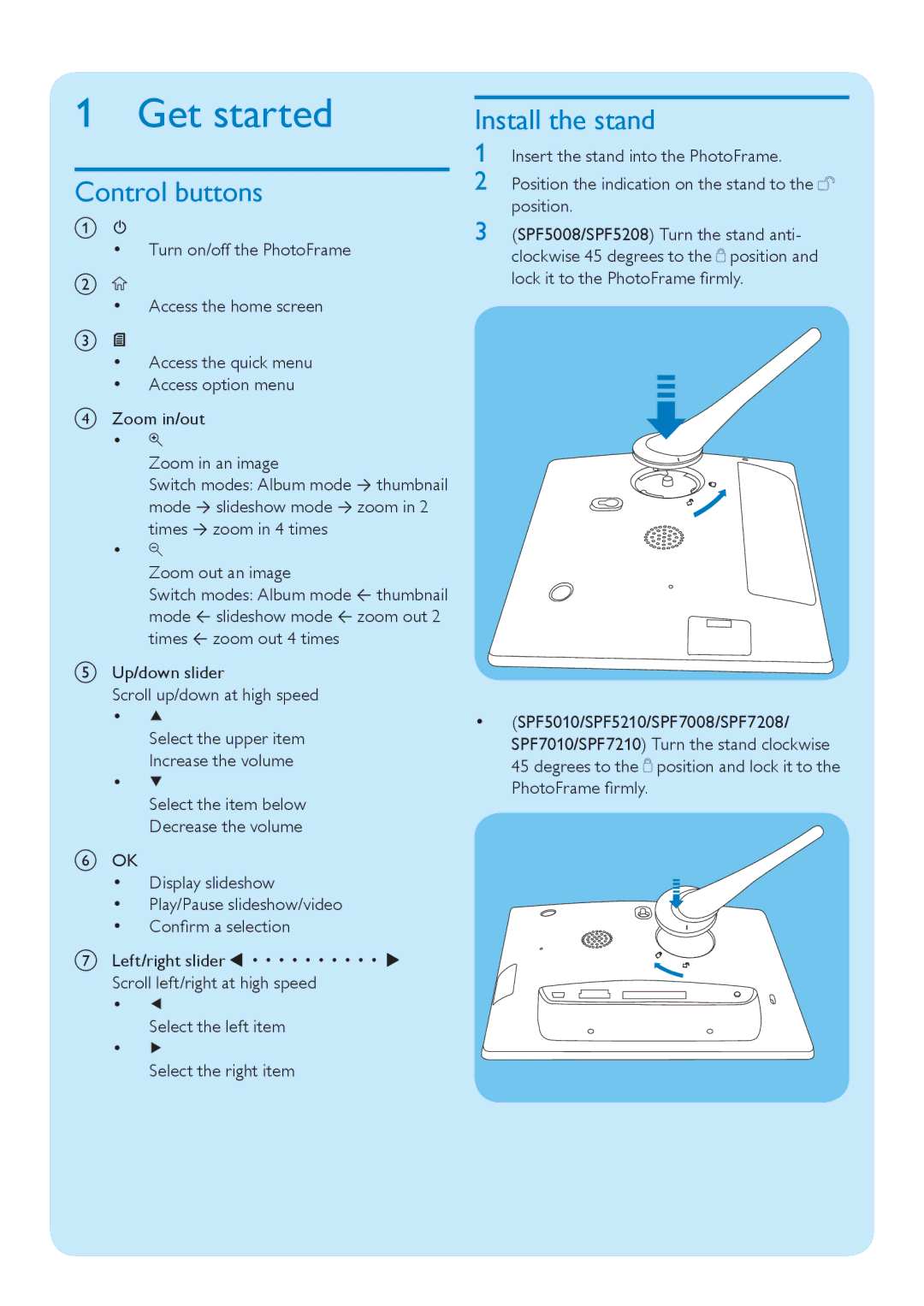 Philips SPF5010/75 quick start Get started, Control buttons, Install the stand 