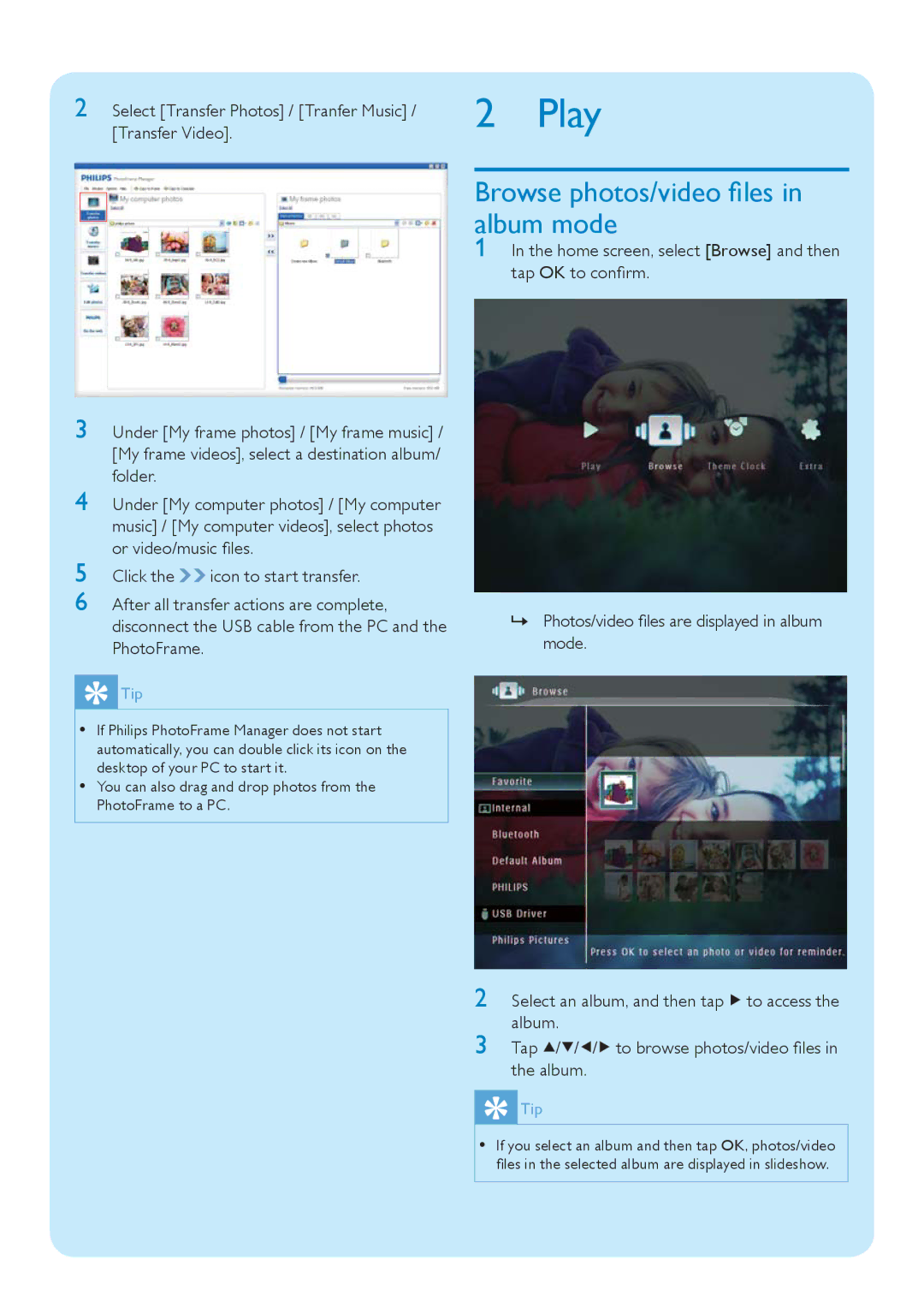 Philips SPF5010/75 quick start Play, Browse photos/video ﬁles in album mode 