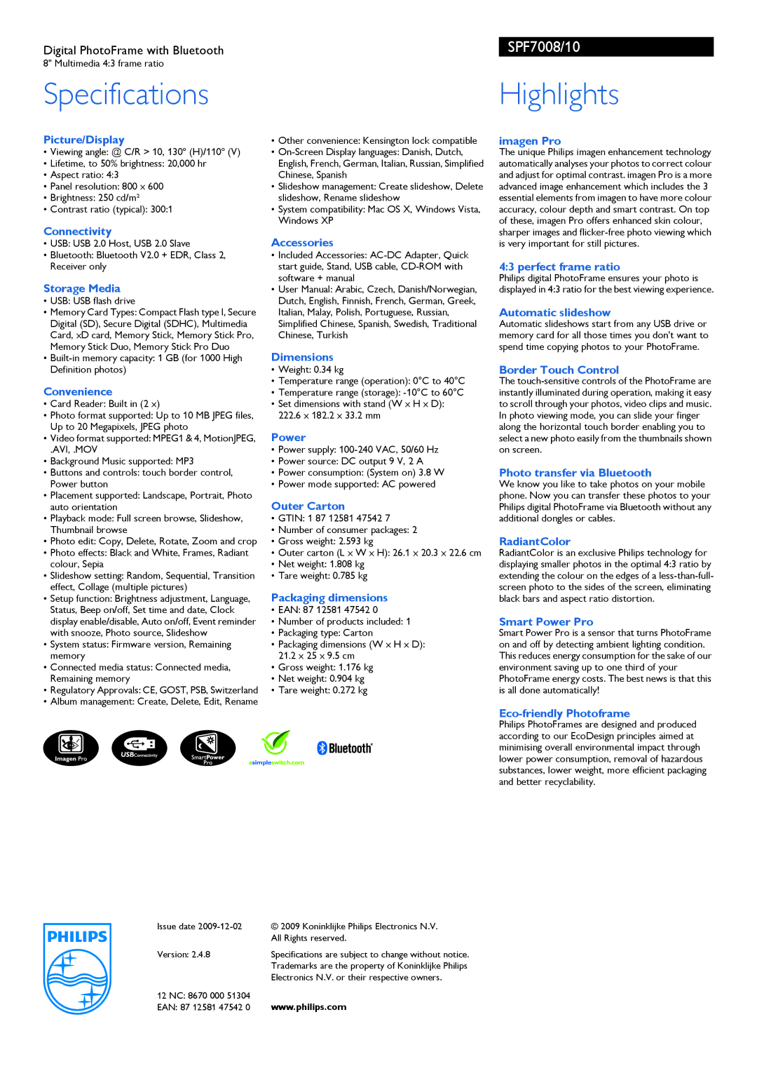 Philips SPF7008/10 Picture/Display, Connectivity, Storage Media, Convenience, Accessories, Dimensions, Power, Outer Carton 