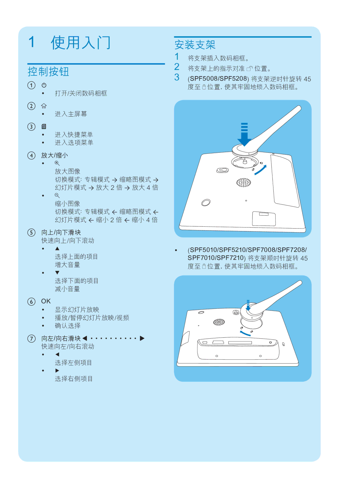 Philips SPF7210, SPF7208, SPF7010, SPF7008, SPF5210, SPF5208, SPF5010, SPF5008 manual 控制按钮, 安装支架 