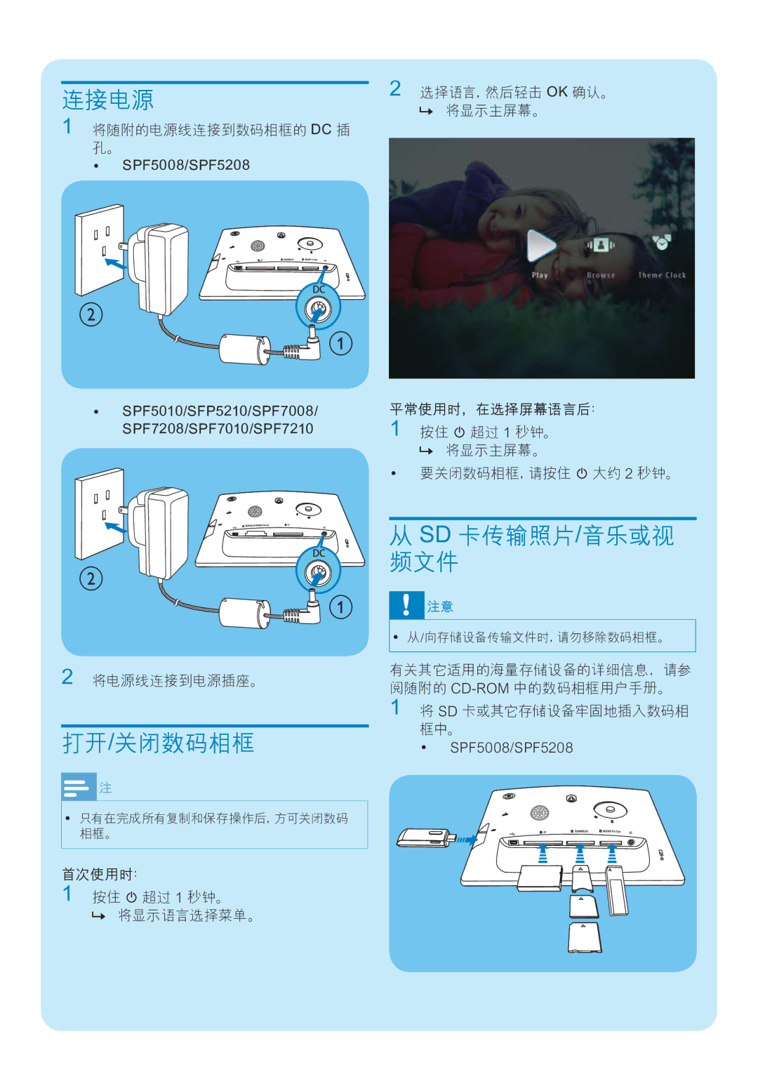 Philips SPF5210, SPF7208, SPF7010, SPF7008, SPF7210, SPF5208, SPF5010, SPF5008 manual 连接电源, 打开/关闭数码相框, Sd 卡传输照片/音乐或视 频文件 